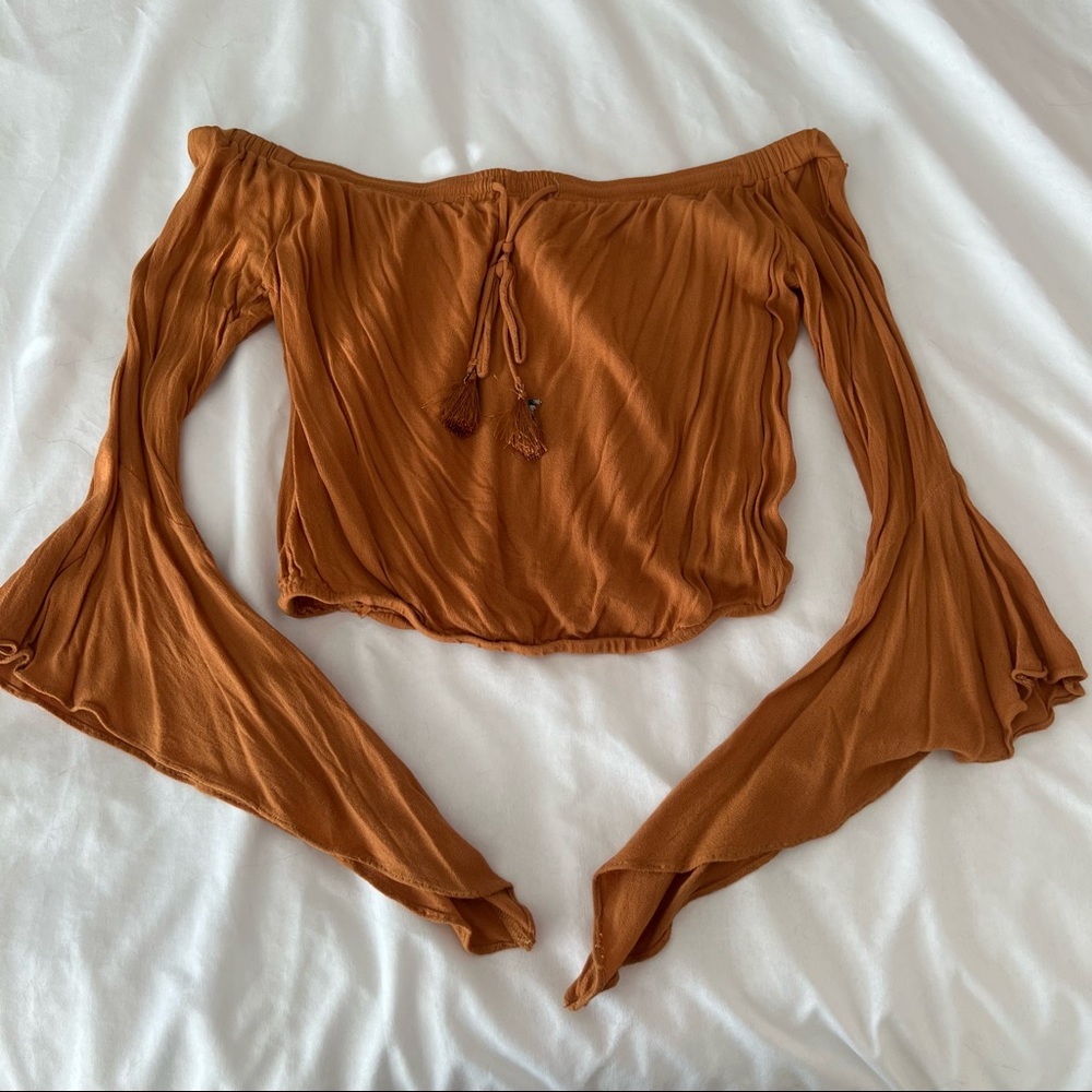 Off the shoulder mustard colored blouse